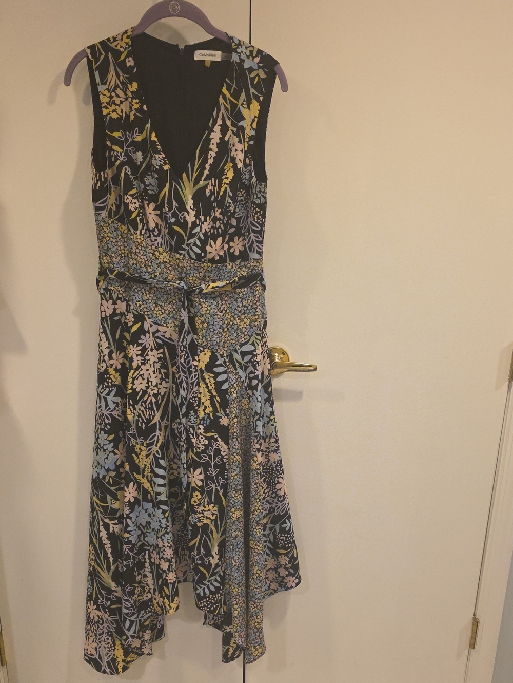 Calvin Klein Black Floral V-Neck Midi Dress Hi-low with Pastel Blooms